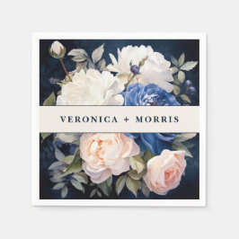 ネイビーブルー&ダスティー赤面ピンク結婚フローラ スタンダードカクテルナプキン
