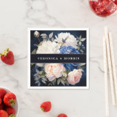 ネイビーブルー&ダスティー赤面ピンク結婚フローラ スタンダードカクテルナプキン (インサイチュ)