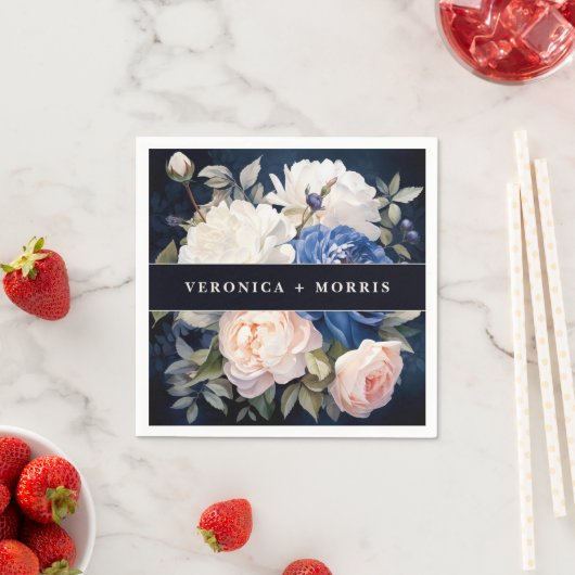 ネイビーブルー&ダスティー赤面ピンク結婚フローラ スタンダードカクテルナプキン (インサイチュ)