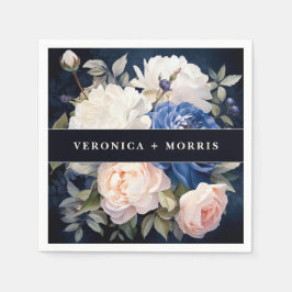 ネイビーブルー&ダスティー赤面ピンク結婚フローラ スタンダードカクテルナプキン