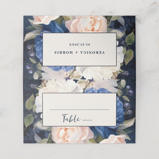 ネイビーブルー&ダスティー赤面ピンク結婚フローラ プレイスカード (外部開封)
