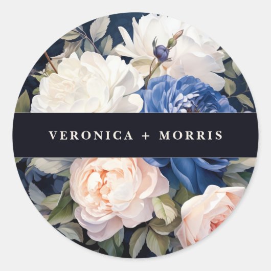 ネイビーブルー&ダスティー赤面ピンク結婚フローラ ラウンドシール (正面)