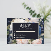 ネイビーブルー&ダスティー赤面ピンク結婚フローラ 出欠カード (スタンド正面)