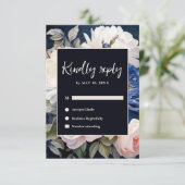 ネイビーブルー&ダスティー赤面ピンク結婚フローラ 出欠カード (スタンド正面)