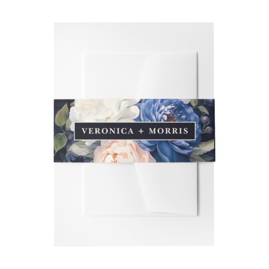 ネイビーブルー&ダスティー赤面ピンク結婚フローラ 招待状ベリーバンド (正面例)