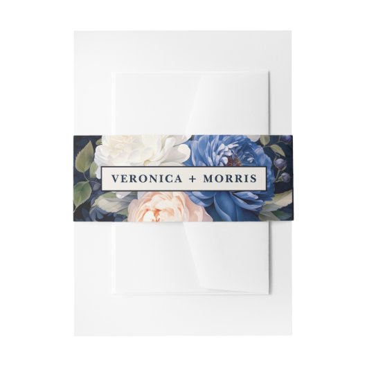 ネイビーブルー&ダスティー赤面ピンク結婚フローラ 招待状ベリーバンド (正面例)