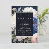 ネイビーブルー&ダスティー赤面ピンク結婚フローラ 招待状 (スタンド正面)