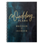 ネイビーブルー&ティール（緑がかった色）ウォーターカラー金ゴールドウェディングプランナー ノートブック (正面)