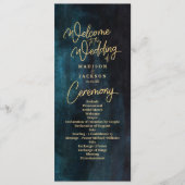 ネイビーブルー&ティール(緑がかった色)ウォーターカラー金ゴールド結婚式 プログラム (正面)