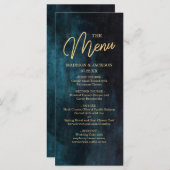 ネイビーブルー&ティール（緑がかった色）水彩画&金ゴールド結婚ズメニュー メニュー (正面/裏面)