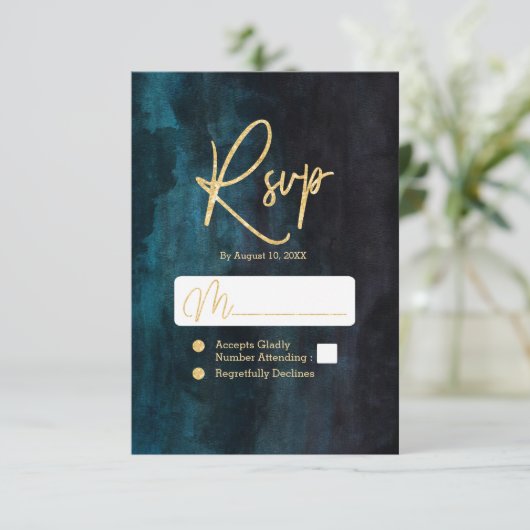 ネイビーブルー&ティール（緑がかった色）水彩&金ゴールドウェディングRSVP 出欠カード (スタンド正面)