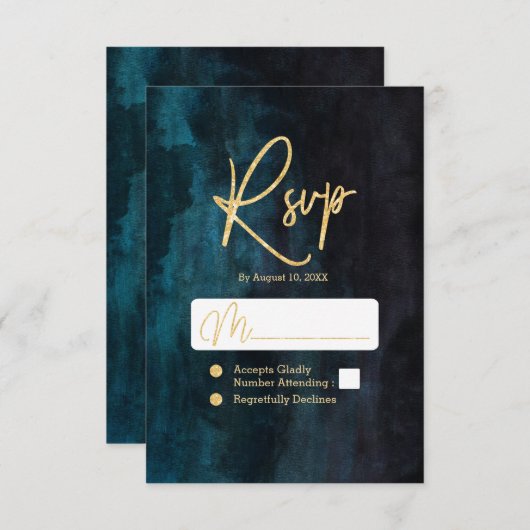 ネイビーブルー&ティール（緑がかった色）水彩&金ゴールドウェディングRSVP 出欠カード (正面/裏面)
