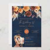 ネイビーブルー テラコッタ ラスト QR コード パンパス グラス 招待状 (正面)