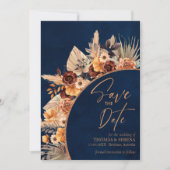 ネイビーブルー & テラコッタ QR コード Save The Date 招待状 (正面)