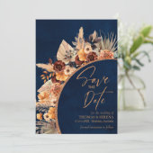 ネイビーブルー&テラコッタQRコード日付の保存 招待状 (スタンド正面)