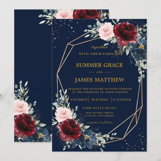 ネイビーブルー ディープレッド バーガンディー ブラッシュ フラワーズ ウェディング 招待状 (正面/裏面)