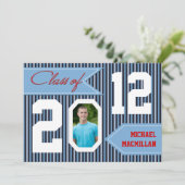 ネイビーブルー,デニムホワイトレッド写真卒業招待状 招待状 (スタンド正面)