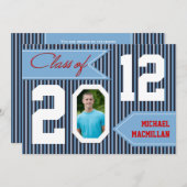 ネイビーブルー,デニムホワイトレッド写真卒業招待状 招待状 (正面/裏面)