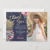 ネイビーブルー トロピカル ピンク ゴールド パイナップル フォト サンキューカード (正面)