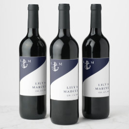 ネイビーブルー ナウティカル モダン エレガント モノグラム ウェディング ワインラベル