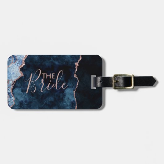ネイビーブルー&バラゴールドフォイルアゲートマーブルザブライド ラゲッジタグ (正面横)