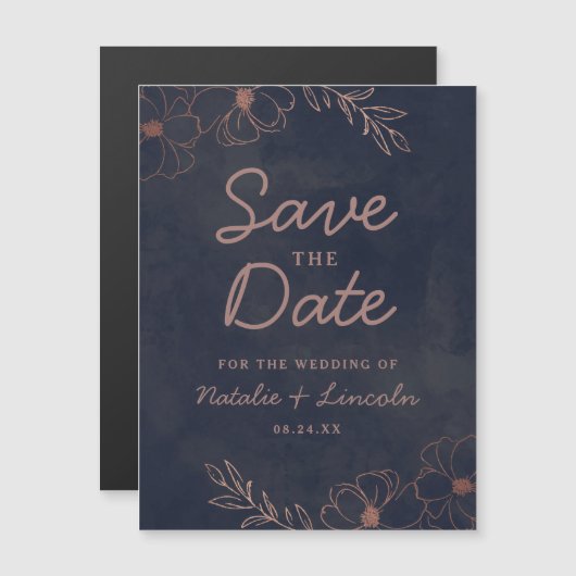 ネイビーブルー&バラゴールドフォイルウェディング日付を保存 マグネット招待状 (正面/裏面)