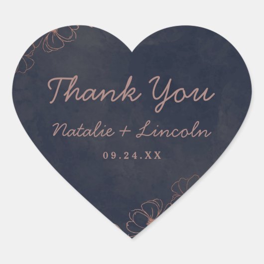 ネイビーブルー&バラゴールドフォイルシック結婚サンキューサンキュー ハートシール (正面)