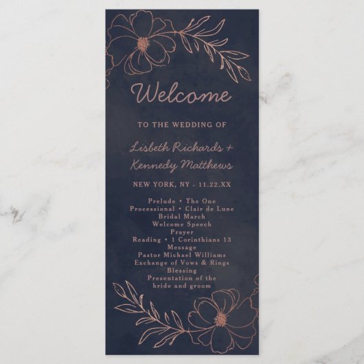 ネイビーブルー&バラゴールドフォイルシ結婚ックの式典 プログラム (正面)