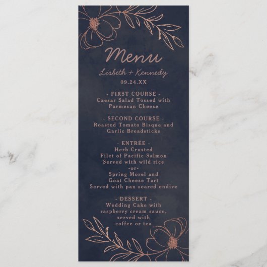 ネイビーブルー&バラゴールドフォイルフローラディナー メニュー (正面)