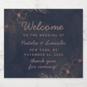 ネイビーブルー&バラゴールドフォイルフローラ結婚ズウェルカム リキュールボトルラベル (シングルラベル)