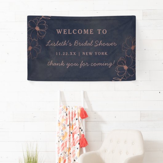 ネイビーブルー&バラゴールドフォイルブライダルシャワーウェルカム 横断幕 (インサイチュ)