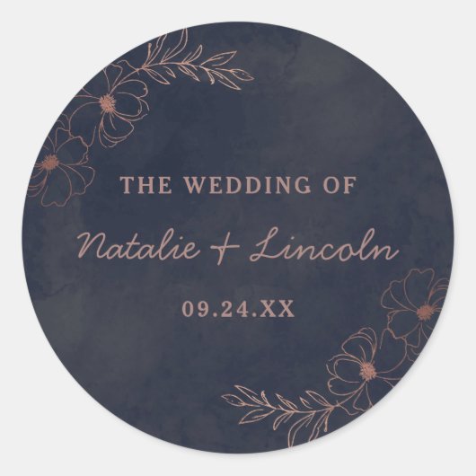 ネイビーブルー&バラゴールドフォイルモノグラム素朴結婚ズ ラウンドシール (正面)