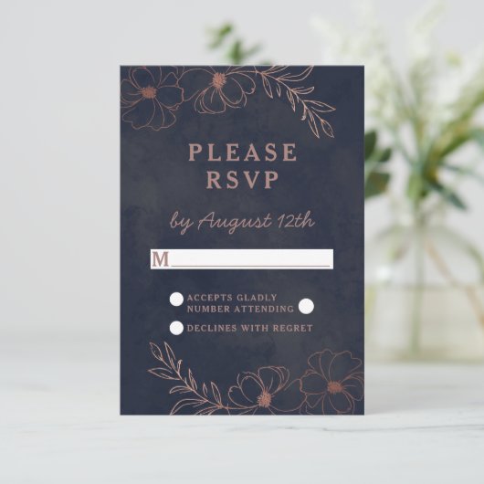 ネイビーブルー&バラゴールドフォイル結婚ズシックRSVP返信 出欠カード (スタンド正面)