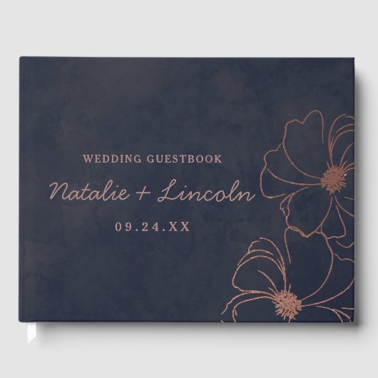 ネイビーブルー&バラゴールドフォイル縁どフローラ結婚ズ ゲストブック (正面)