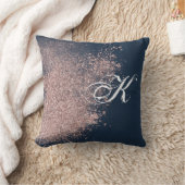 ネイビーブルー&バラフェイク金ゴールドグリッターモノグラム クッション (ブランケット)