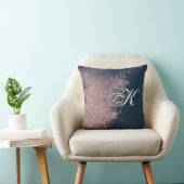 ネイビーブルー&バラフェイク金ゴールドグリッターモノグラム クッション (椅子)