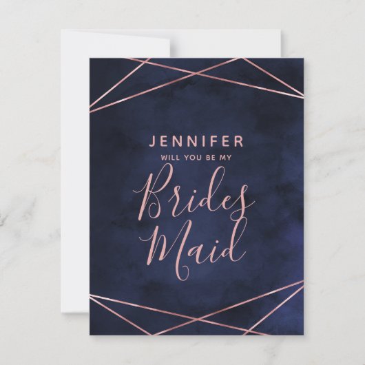 ネイビーブルー&バラ金ゴールドは私の花嫁になる 招待状 (正面)