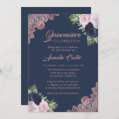 ネイビーブルー&バラ金ゴールドキンセアニェラ15th誕生日 招待状 (正面/裏面)