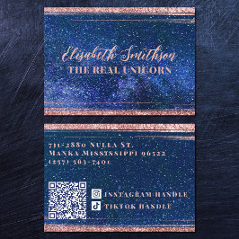 ネイビーブルー&バラ金ゴールドグリッターシレフェミニンンタル 名刺