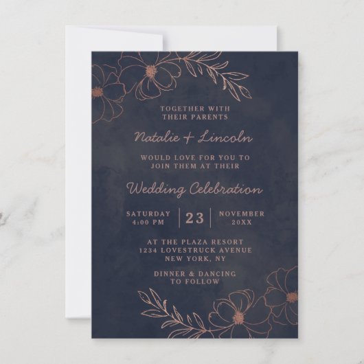 ネイビーブルー&バラ金ゴールドシック縁どフローラ結婚ズ 招待状 (正面)