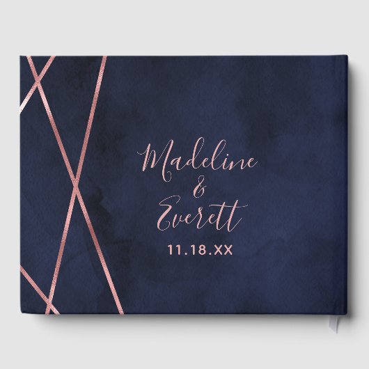 ネイビーブルー&バラ金ゴールドジオメト結婚リのモノグラム ゲストブック (裏面)