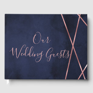 ネイビーブルー&バラ金ゴールドジオメト結婚リのモノグラム ゲストブック