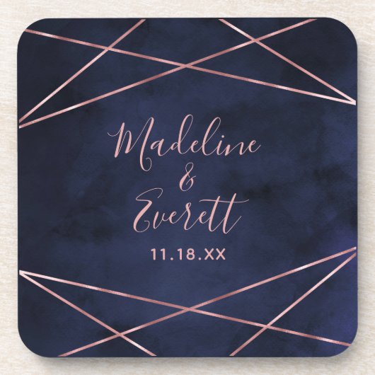 ネイビーブルー&バラ金ゴールドジオメト結婚リのモノグラム コースター (正面)