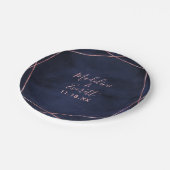 ネイビーブルー&バラ金ゴールドジオメト結婚リのモノグラム ペーパープレート (アングル)