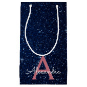 ネイビーブルー&バラ金ゴールドスパークルグリッターモノグラム スモールペーパーバッグ (正面)