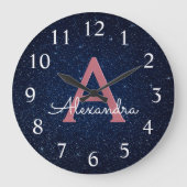 ネイビーブルー&バラ金ゴールドスパークルグリッターモノグラム ラージ壁時計 (正面)