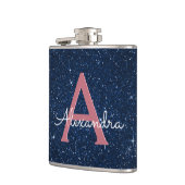 ネイビーブルー&バラ金ゴールドスパークルモノグラムイニシャル フラスク (左)