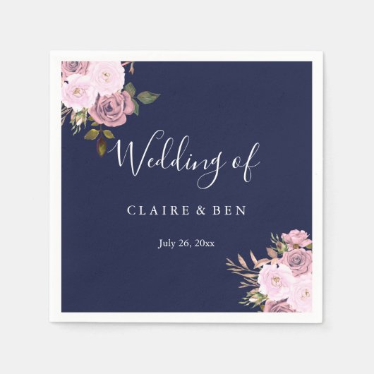 ネイビーブルー&バラ金ゴールドフローラウェディングレセプション スタンダードカクテルナプキン (正面)