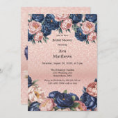 ネイビーブルー&バラ金ゴールドフローラブライダルシャワー 招待状 (正面/裏面)