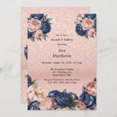 ネイビーブルー&バラ金ゴールドフローラブランチ&バブリー 招待状 (正面/裏面)